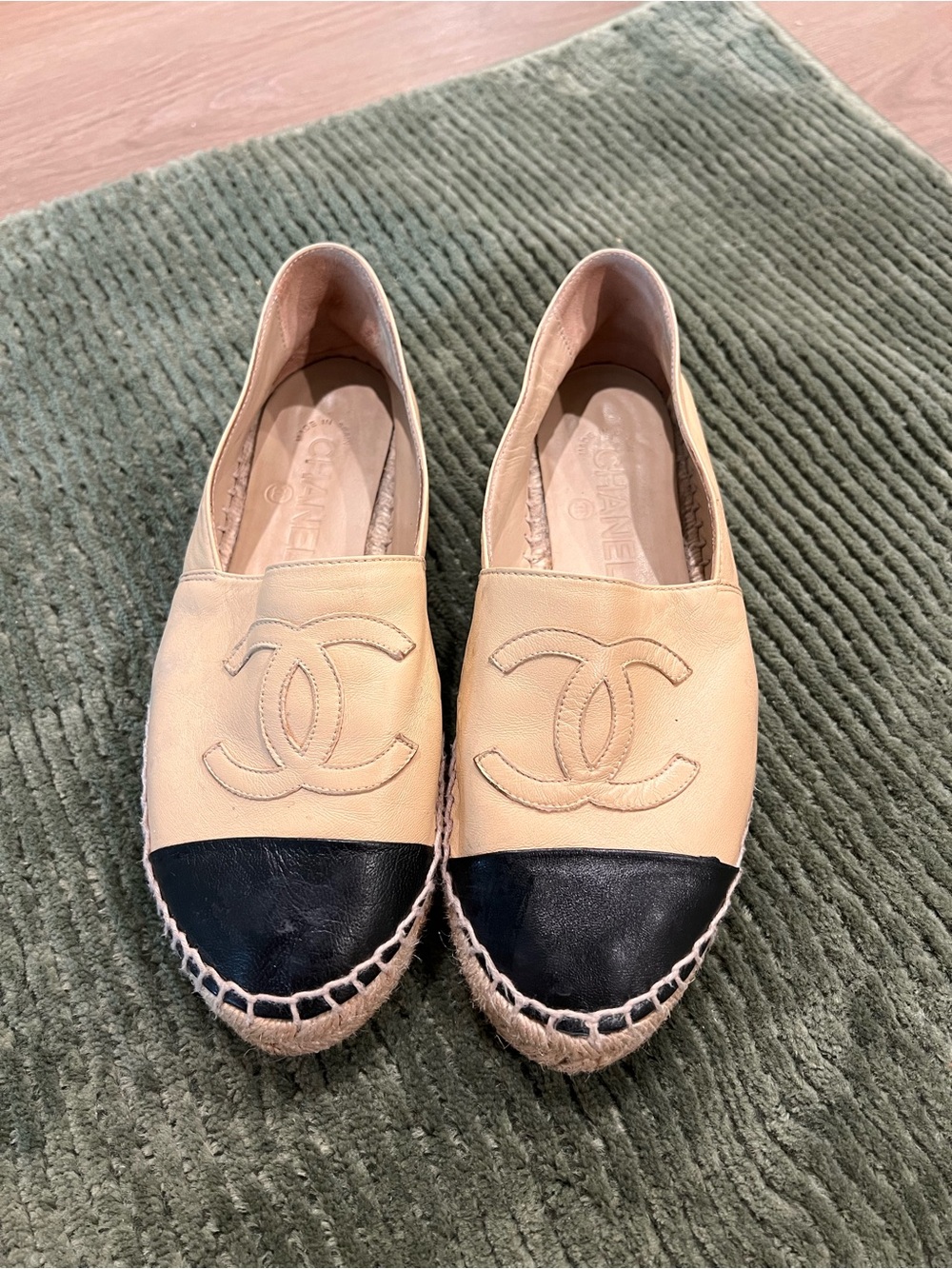 Chanel Two-Tone Leather Espadrilles in Beige and Black